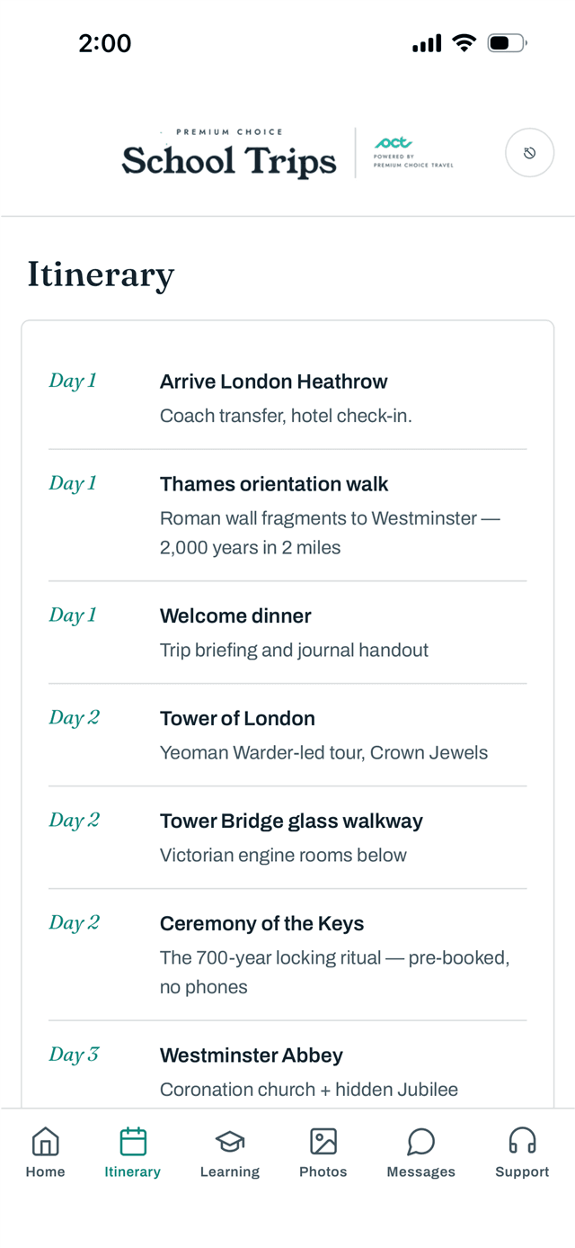 The itinerary screen a parent follows: each day's activities laid out from arrival onwards