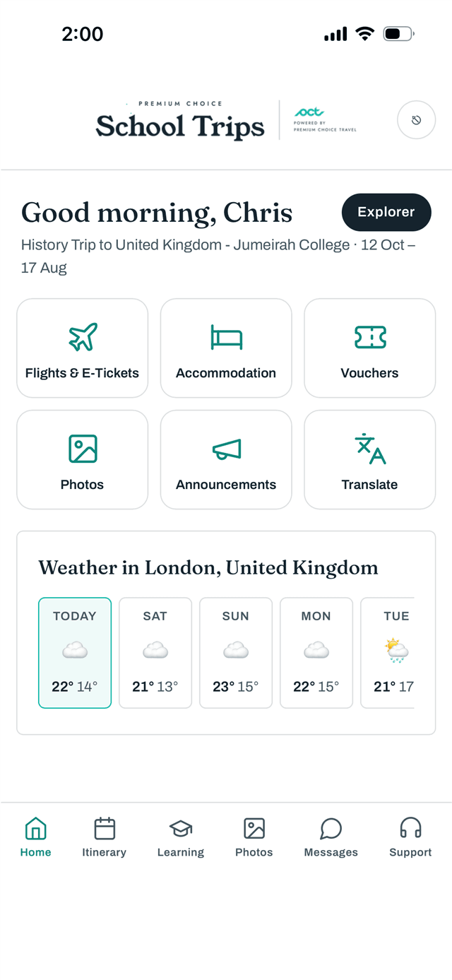 The child's Explorer home screen: flights, accommodation, vouchers, photos, announcements and translation