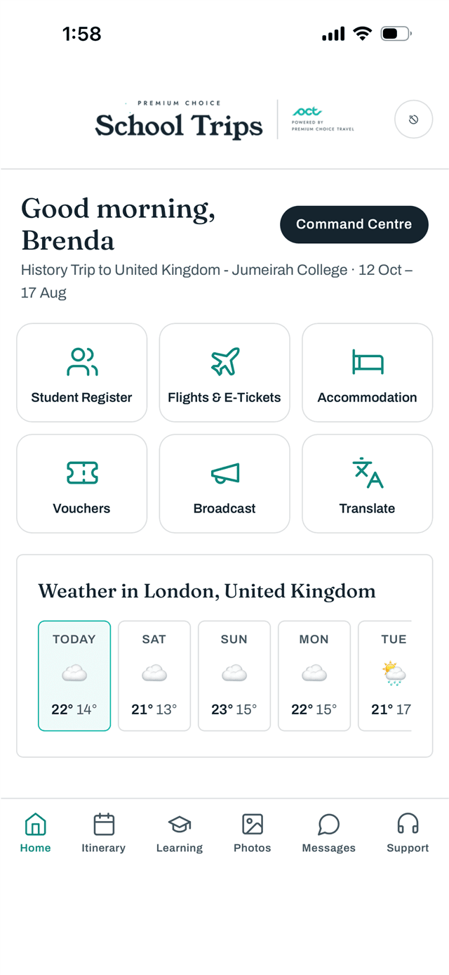 The teacher's home screen: student register, flights, accommodation, vouchers, broadcast and translation above the destination weather