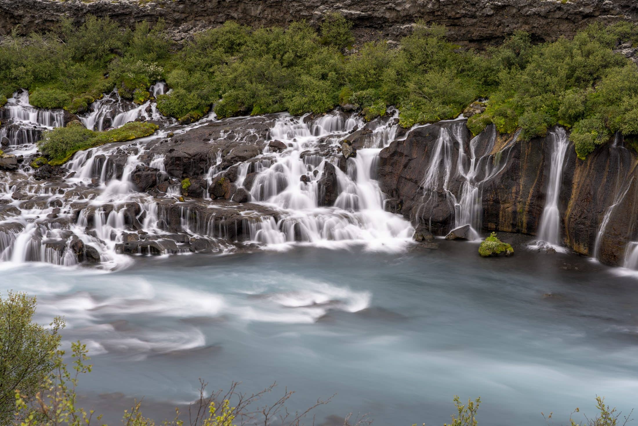 The Hraunfossar waterfalls surrounded by greenery at daytime in Iceland