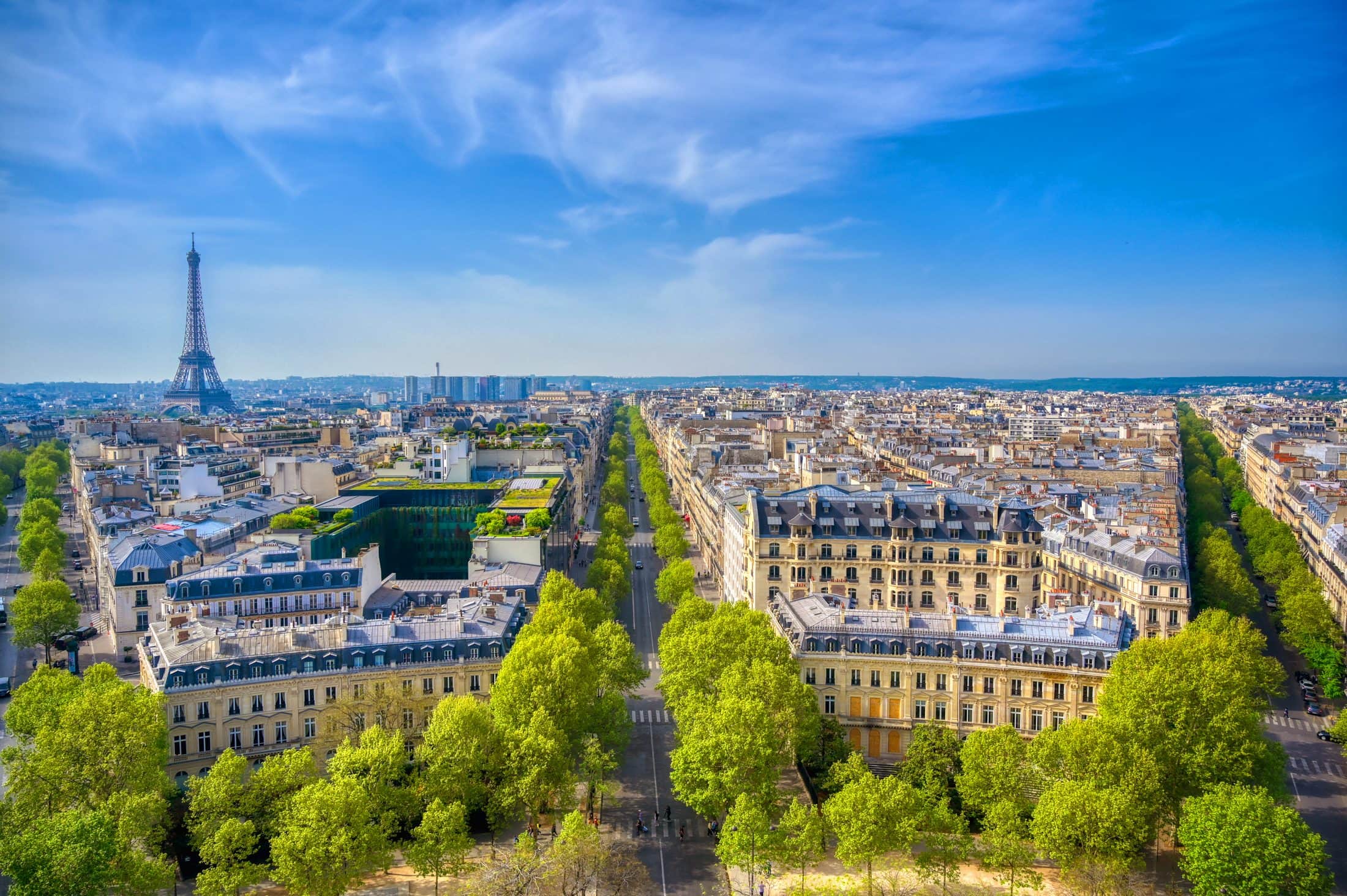 A view of the Eiffel Tower and Paris, France from the Arc de Triomphe.